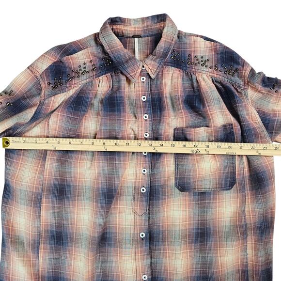 Free People Shirt Womens XS Multicolor Plaid Oversized Casual Studded Button Up - Picture 14 of 15